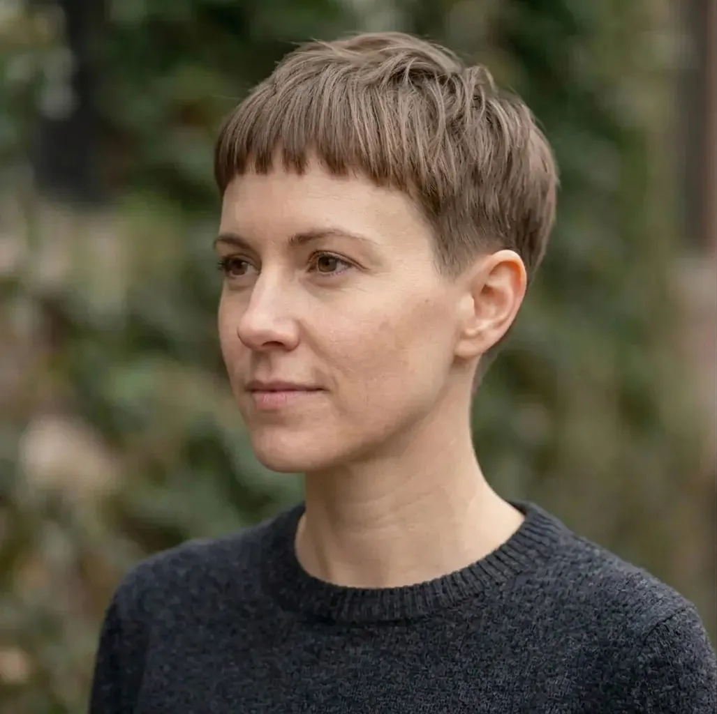 Caesar Cut for women — three-quarter view